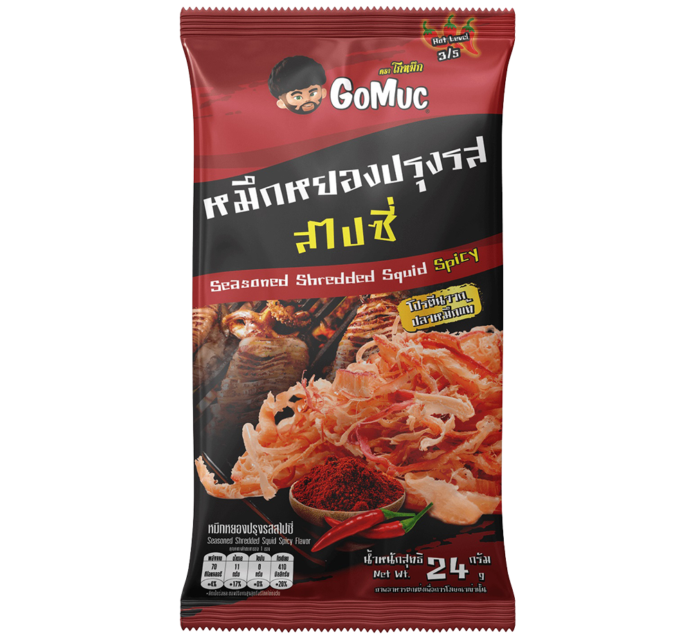 Spicy Gomuc shredded squid snack in a clear package, showcasing the shredded squid with a spicy flavor for confectionery snack lovers.