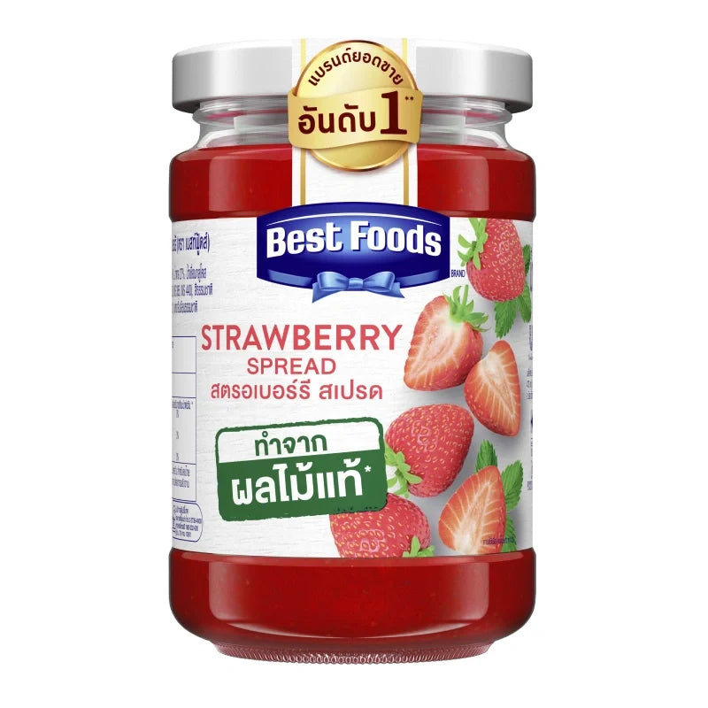 Jar of Best Foods strawberry jam in a 340g glass container, featuring a label with fresh strawberries and the brand logo.