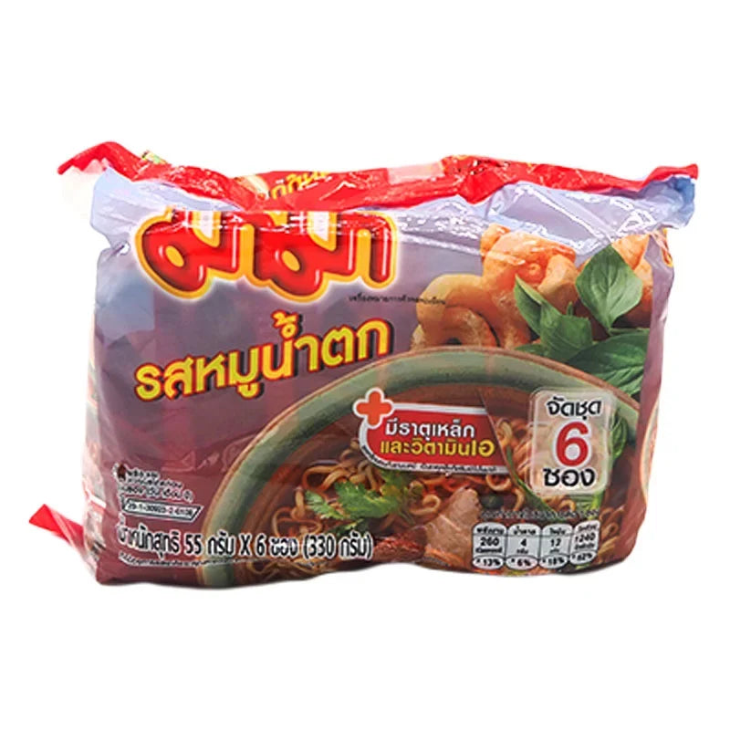 MAMA Mama Instant Noodles Moo Nam Tok flavor 55g package, dry grocery product with six packs in a clear view.