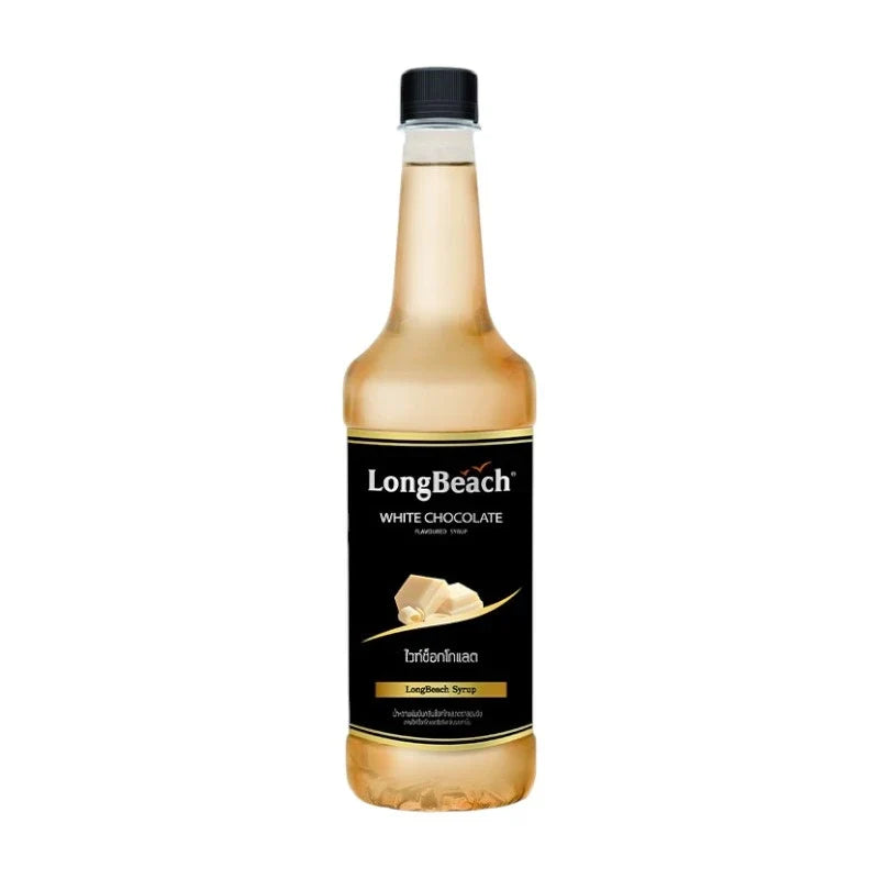 LongBeach White Chocolate Syrup in 740ml bottle, ideal for desserts and beverages, showcasing the white chocolate liquid inside