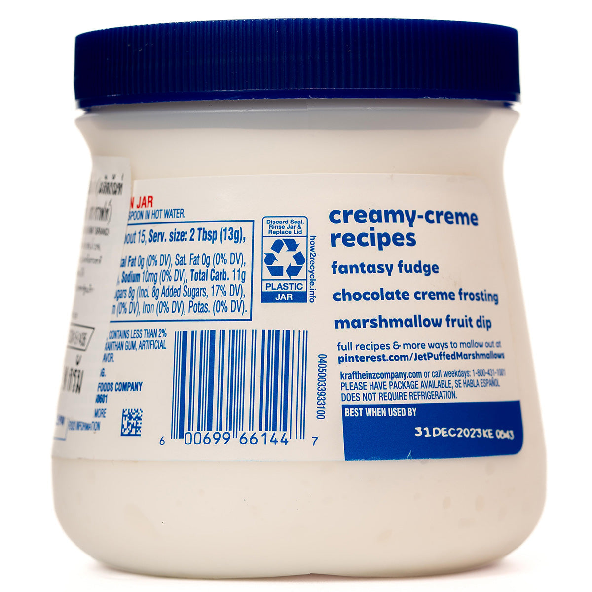 Kraft Jet Puffed Marshmallow Creme jar showing smooth, white marshmallow spread in a clear glass container.