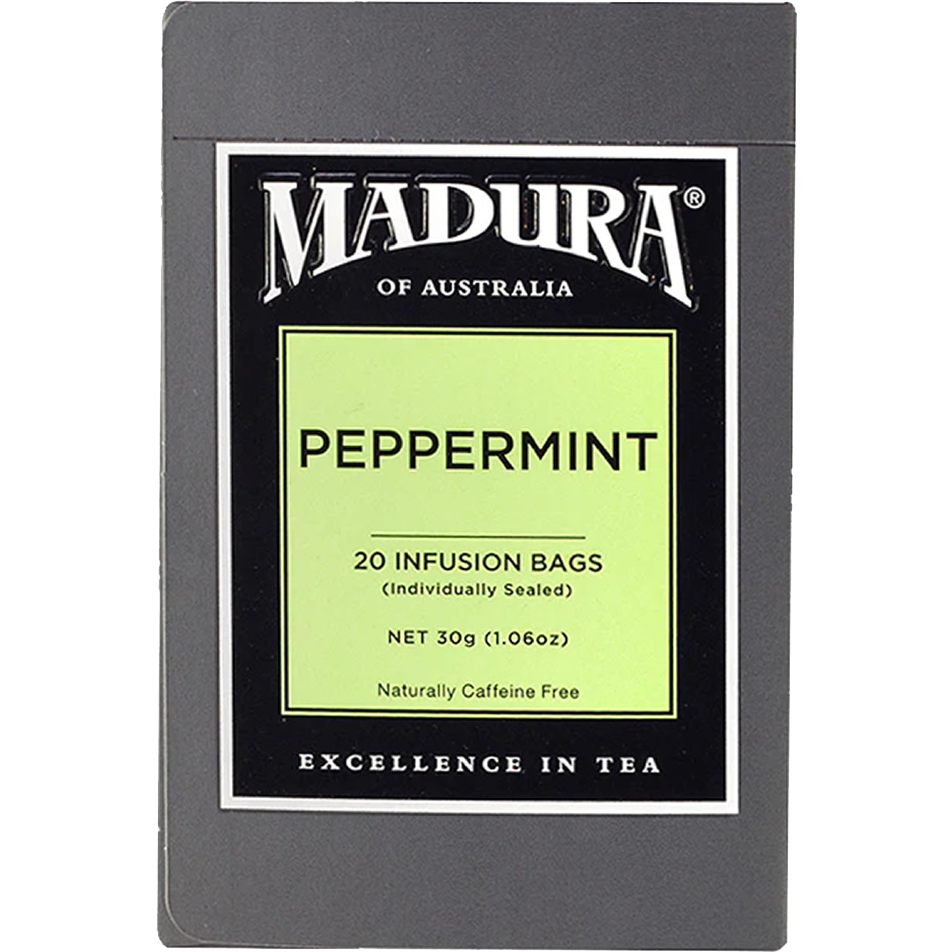 Madura peppermint tea bags box, caffeine-free herbal drink with fresh peppermint leaves and tea bags in packaging.