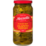 Sliced hot jalapeno peppers in a jar by Mezzetta, bright green and red pepper slices perfect for adding spice to dishes.