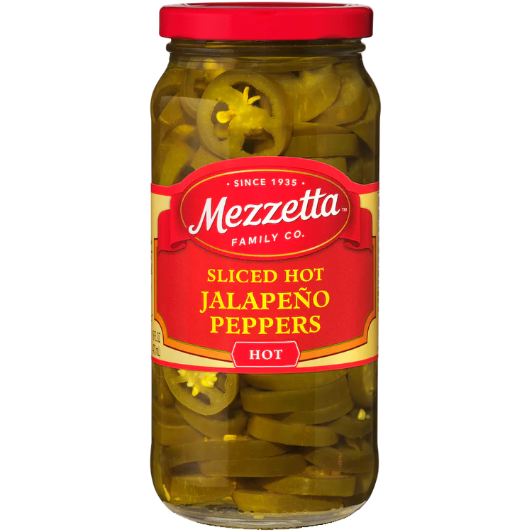 Sliced hot jalapeno peppers in a jar by Mezzetta, bright green and red pepper slices perfect for adding spice to dishes.