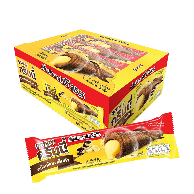 GRINNY chocolate-coated snack filled with banana cream, 15g, dry grocery confectionery treat with creamy banana filling.