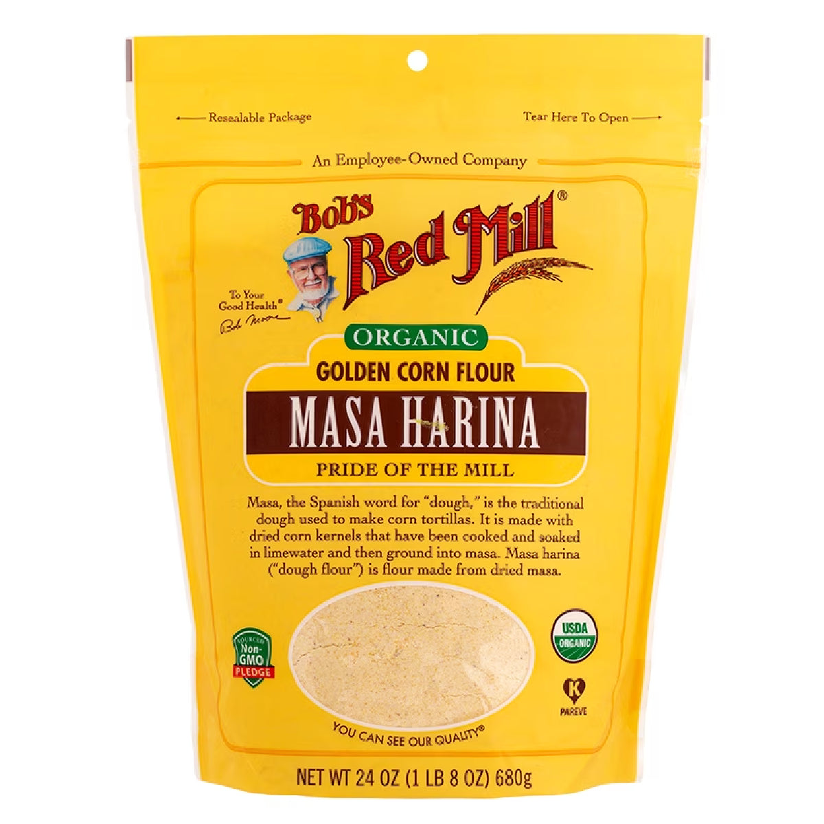 Organic Bob's Red Mill Corn Flour Masa Harina for baking and cooking, shown in a resealable bag.