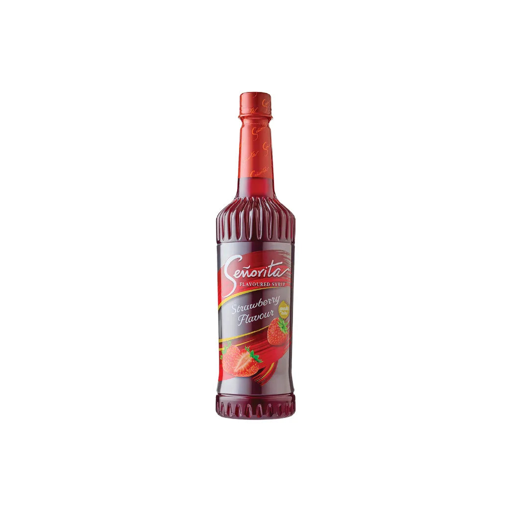 Senorita Strawberry Flavored Syrup in 750ml bottle, ideal for desserts and beverages, part of dry grocery products.
