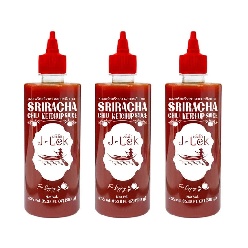 J-LEK Sriracha Chili Sauce with tomatoes in 510g bottle, dry grocery product, showing the chili sauce bottle.