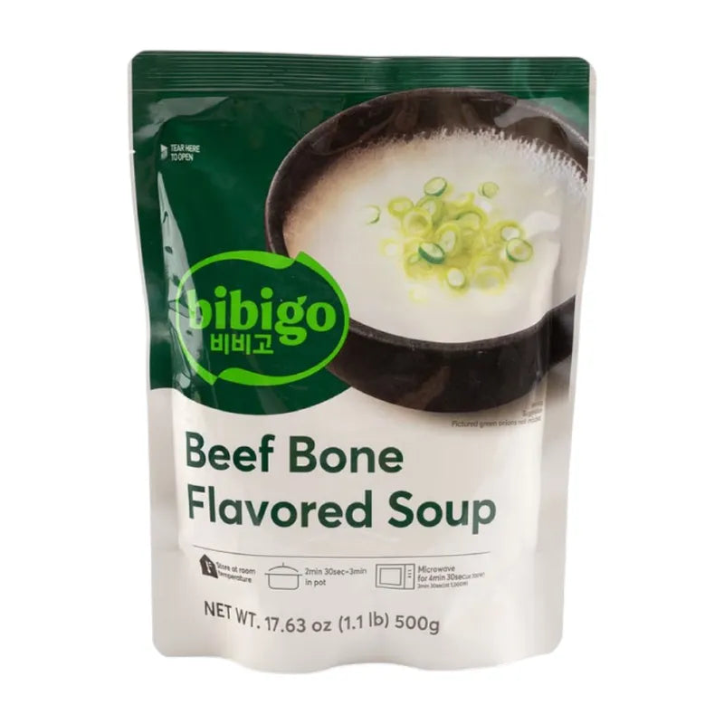 BIBIGO Bibigo Beef Bone Flavored Soup dry grocery package, 500g, featuring the product label and packaging design.