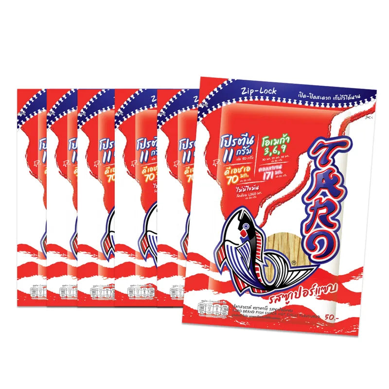 Taro Fish Snack HOT Chilli Flavored 50g, packaged in six 50g bags, spicy seafood snack from TARO brand.