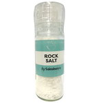 Sainsbury's rock salt grinder with transparent container and black grinder top, showing coarse rock salt inside.
