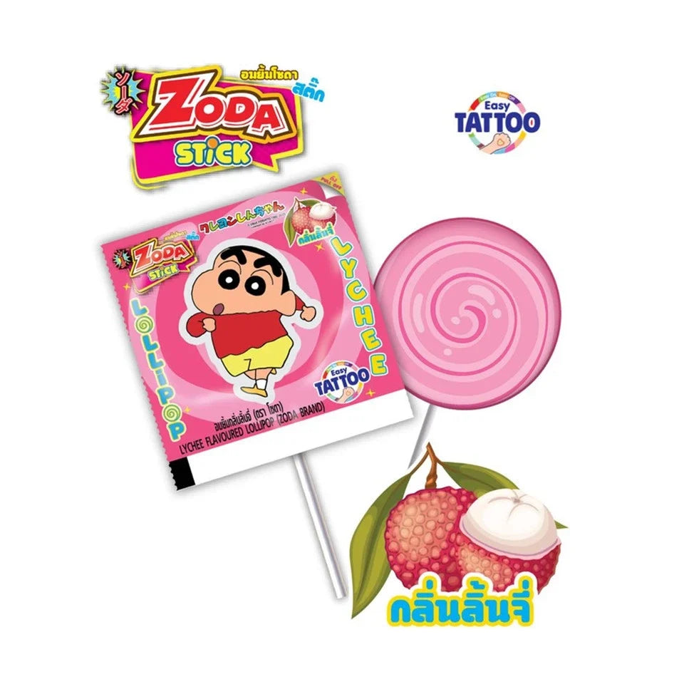 Zoda Lychee Flavor Lollipop Sticks featuring Crayon Shin Chan character, 50-piece snack confectionery in dry grocery category.