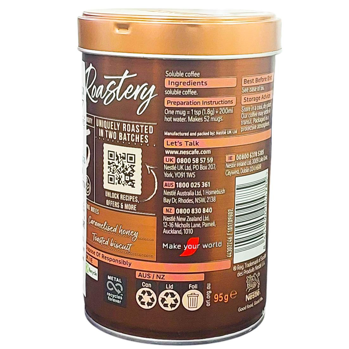 Nescafe Gold Blend Roastery Light Roast Coffee drink in a glass with frothy top and coffee beans in the background.