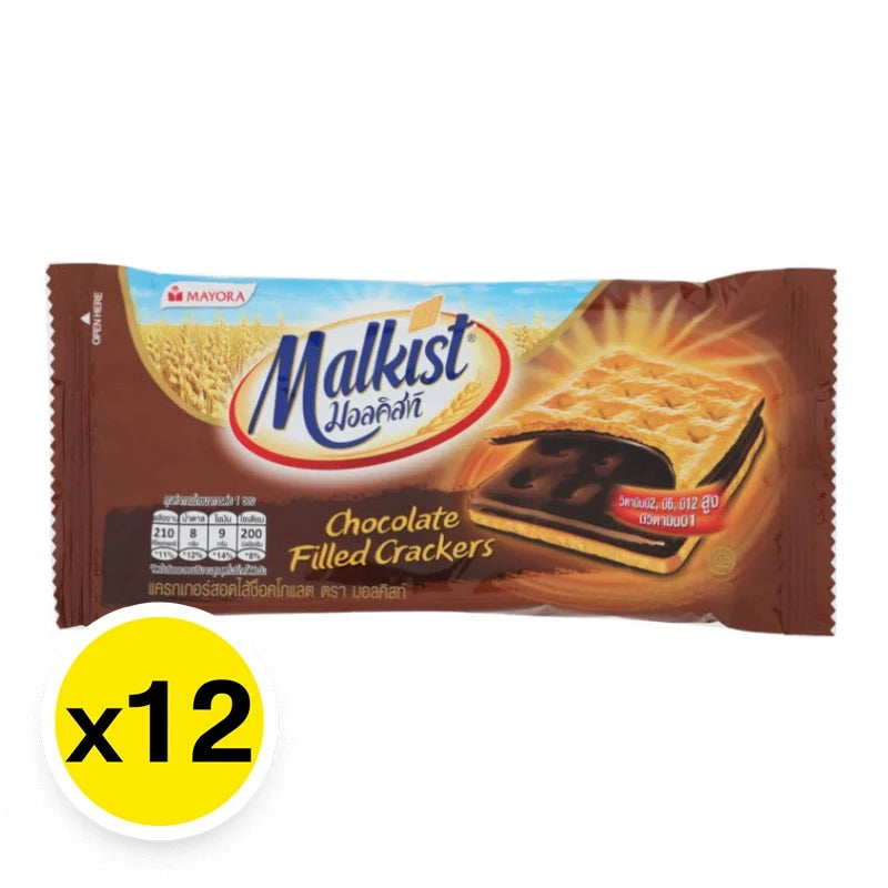MALKIST Chocolate Crackers snack pack, 36g x12, dry grocery snack with crispy chocolate-filled biscuits in a colorful package.