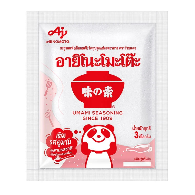 Ajinomoto MSG 3kg dry grocery package with clear branding and label, showing the seasoning in a sealed plastic bag.