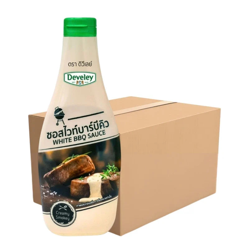 Bottle of Develey White BBQ Sauce in a clear glass container, labeled with DEVELEY branding, on a plain background.