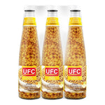 UFC Soybean Paste 850g, three jars, dry grocery product with dark brown soybean paste in clear glass jars