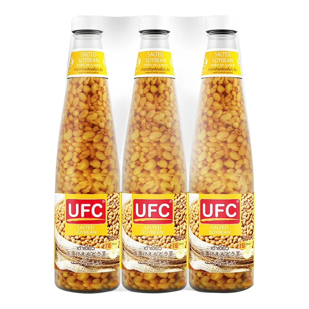 UFC Soybean Paste 850g, three jars, dry grocery product with dark brown soybean paste in clear glass jars