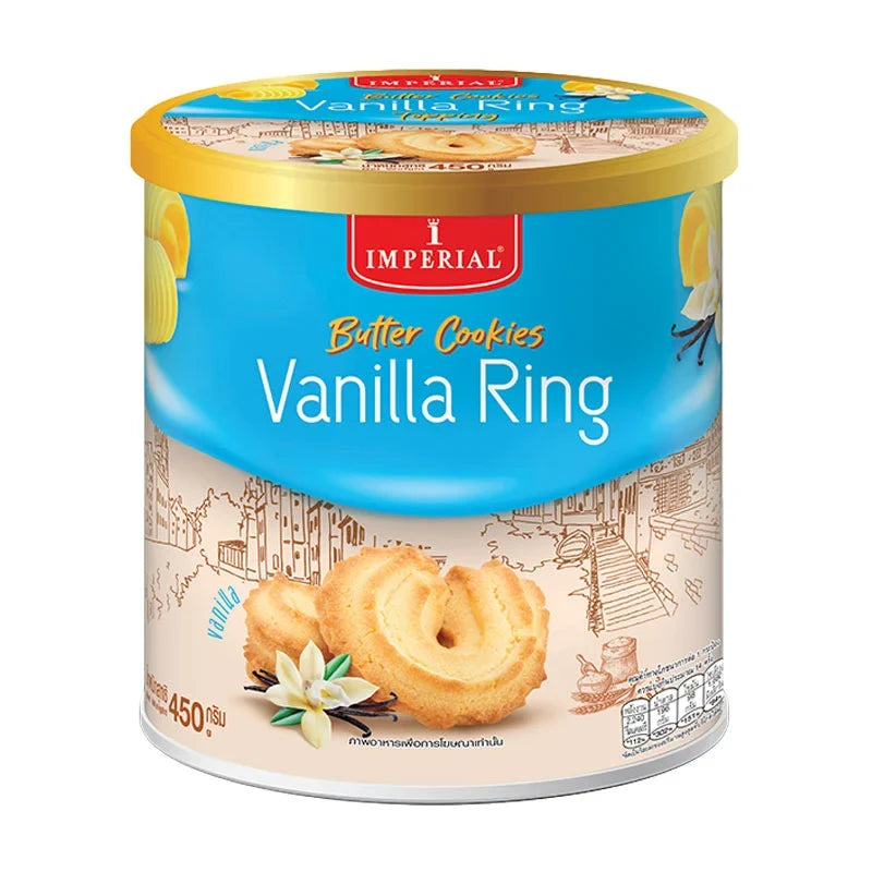 Imperial Vanilla Ring Cookies in 450g pack, dry grocery snack with vanilla-flavored ring-shaped cookies from Imperial.