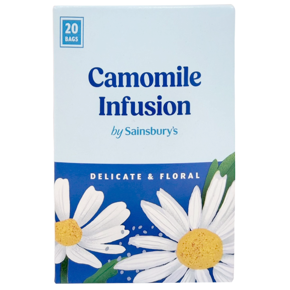 Sainsbury's Camomile Infusion Tea 20 bags in a box, showing tea bags and packaging for herbal tea drink.