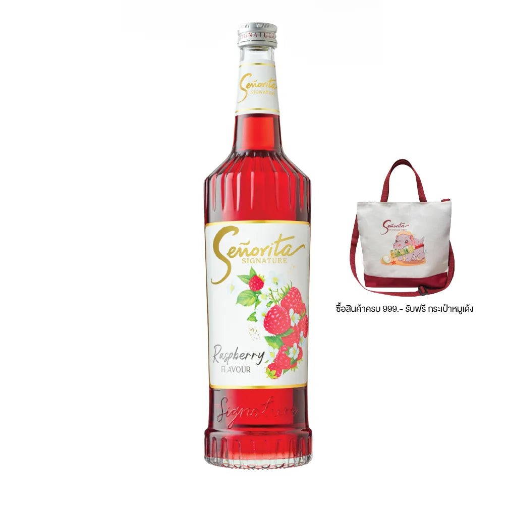 Senorita Signature raspberry flavored syrup bottle for culinary and beverage use, 720ml dry grocery product