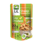 LILSHEEP protein glass snacks with high iron and fiber, featuring colorful confectionery treats in a clear glass container.