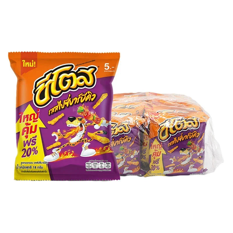 Cheetos spicy barbecue corn snack pack with 12 individual 18g bags, crispy snack in bright orange packaging