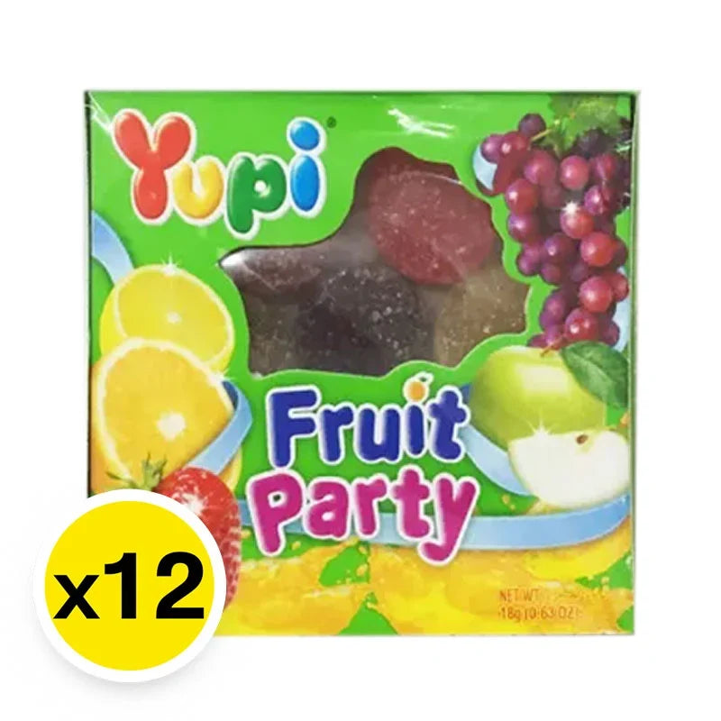 YUPI Gummy Fruit Party snack in an 18g package featuring colorful gummy fruit candies on a white background