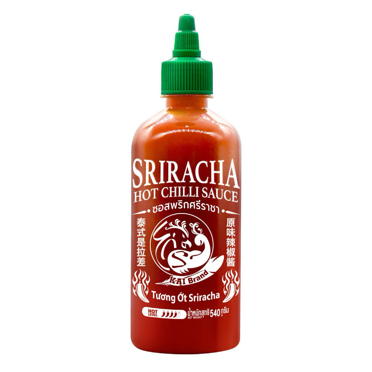 Bottle of Sriracha Hot Chili Sauce from the Sriracha brand, showing the bright red sauce in a clear plastic squeeze bottle.