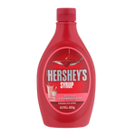 Hershey's Strawberry Syrup bottle with label, showing the bright red syrup inside, used for toppings and desserts.