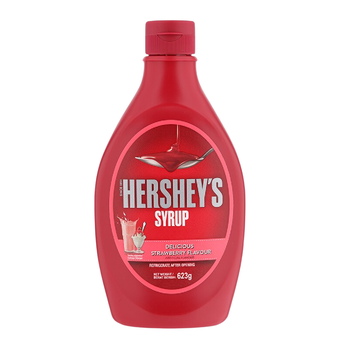 Hershey's Strawberry Syrup bottle with label, showing the bright red syrup inside, used for toppings and desserts.