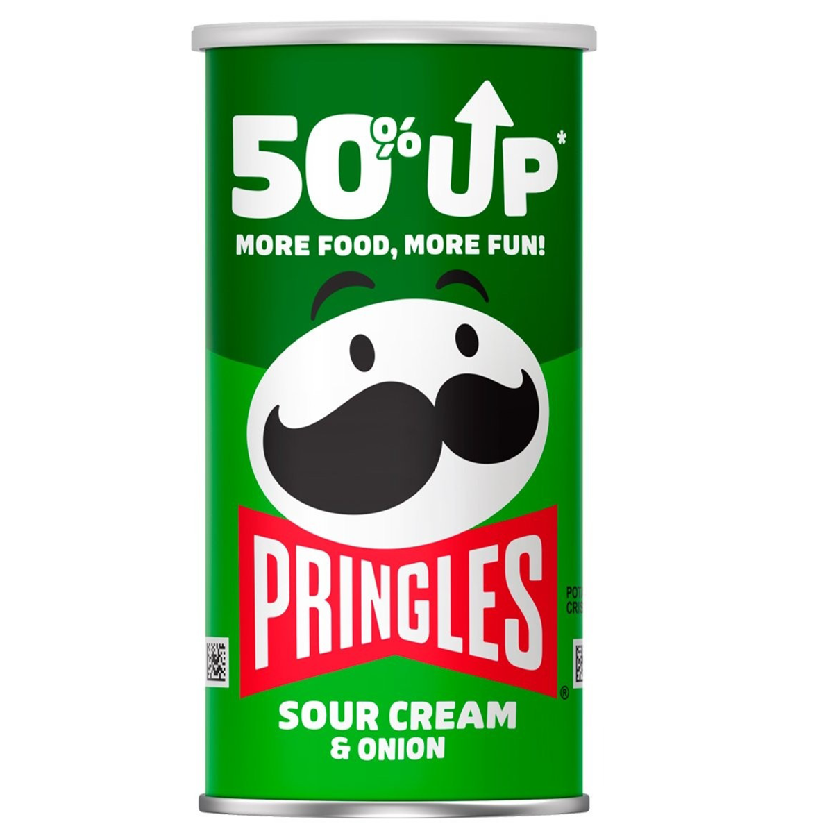 Pringles potato chips with sour cream and onion flavor in a can, showcasing the snack's crispy texture and flavor variety.