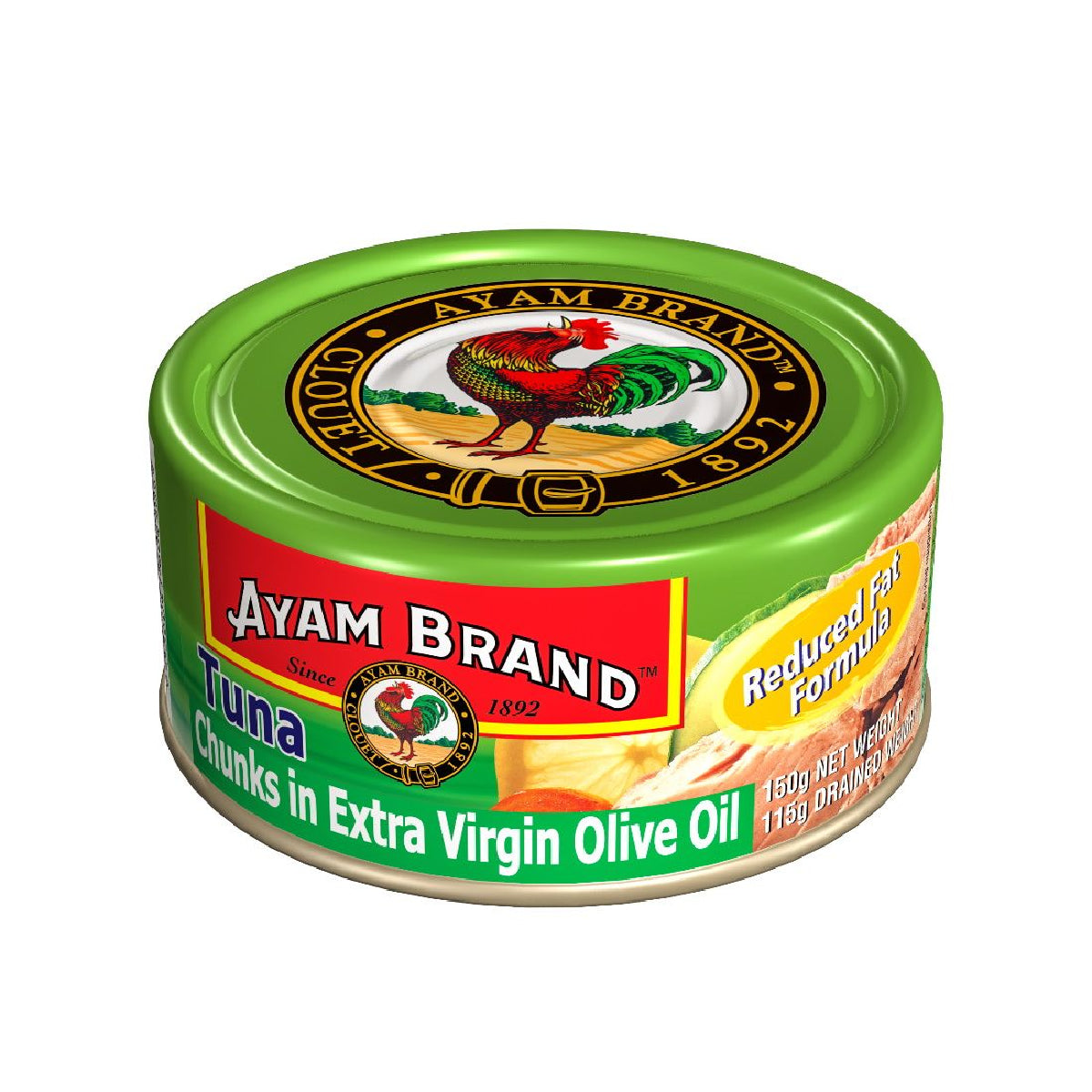 Canned Ayam Reduced Fat Formula Tuna in a metal can, suitable for grocery shopping and healthy meal preparation.