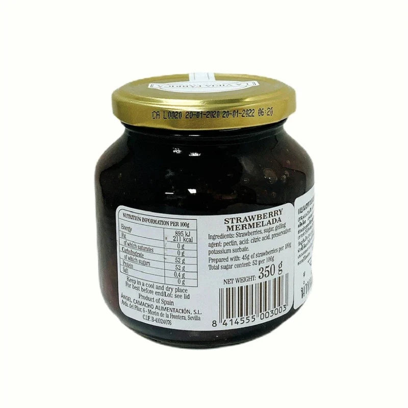 Jar of LA Vieja Fabrica Strawberry Mermelada 350g, a sweet strawberry jam in a glass jar on a white background.