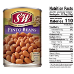 S&W Pinto Beans in a grocery can, showing the label with brand name and product description on the front.