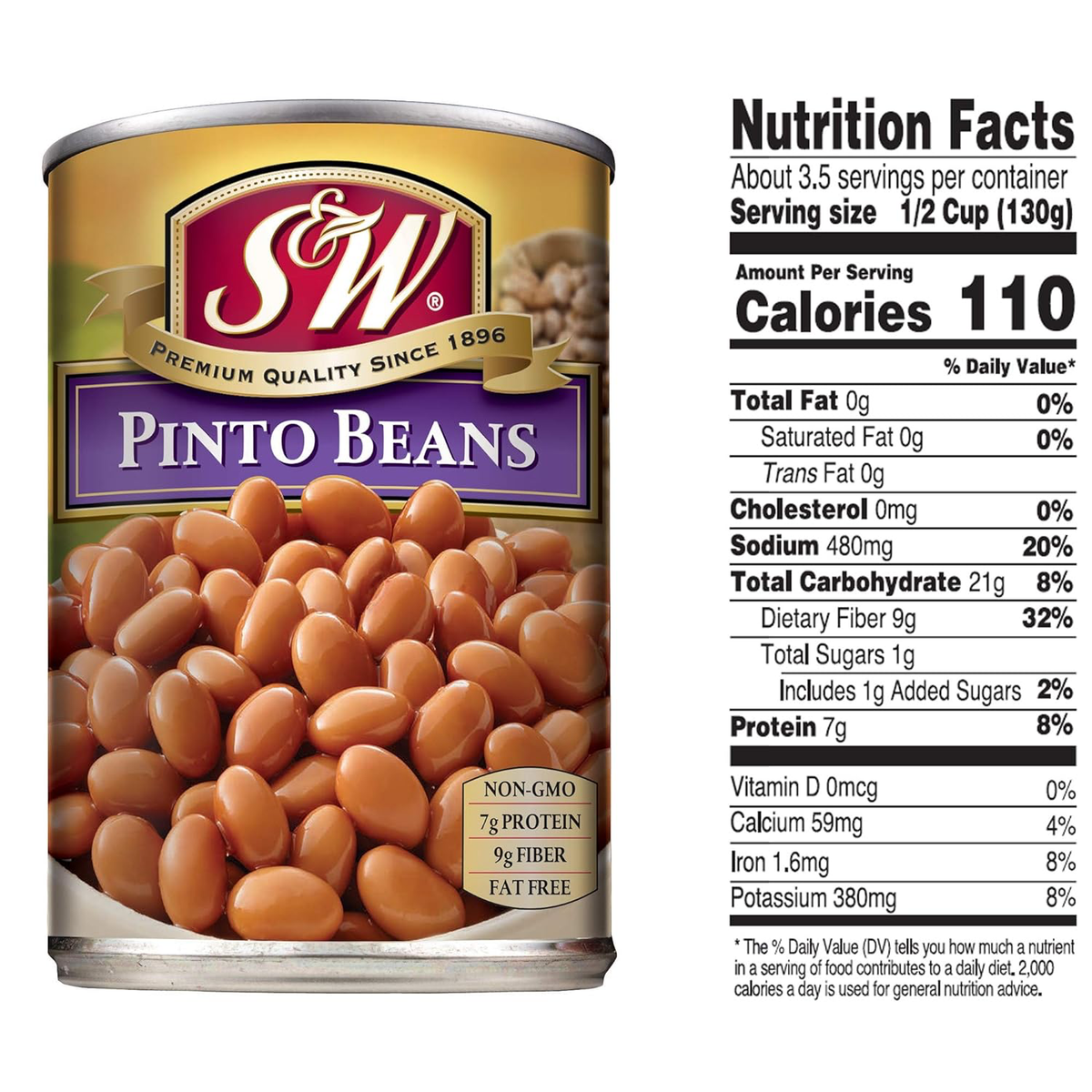 S&W Pinto Beans in a grocery can, showing the label with brand name and product description on the front.