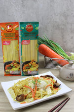 Dry grocery image of Rabbit Brand Khao Soi Noodles, traditional Thai-style rice noodles in a clear package.