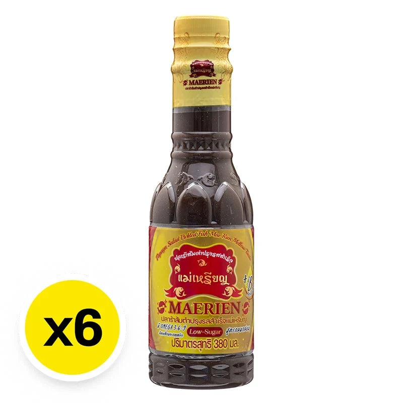 Maerien Fermented Fish Sauce PM in a 380ml bottle, shown in a pack of six, used for cooking and flavoring in Asian cuisine.