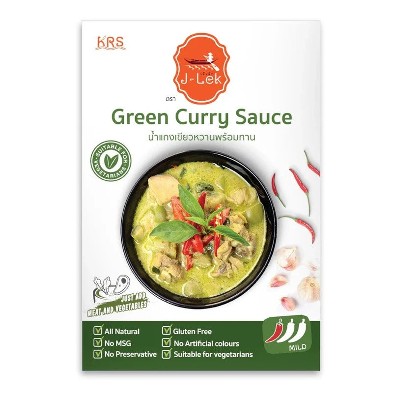 J-lek Green Curry Paste in a 250g jar, showcasing the vibrant green color and packaging for dry grocery use.