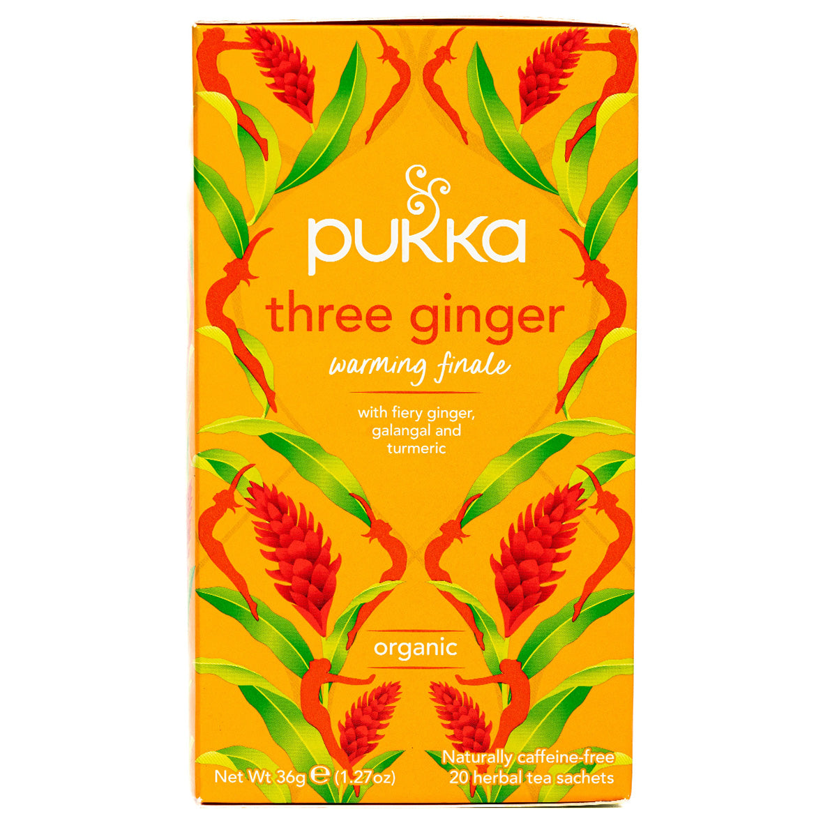 Pukka Three Ginger Tea Bags, 20 caffeine-free herbal tea sachets, showing a box of Pukka ginger tea for healthy drinking.
