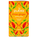 Pukka Three Ginger Tea Bags, 20 caffeine-free herbal tea sachets, showing a box of Pukka ginger tea for healthy drinking.