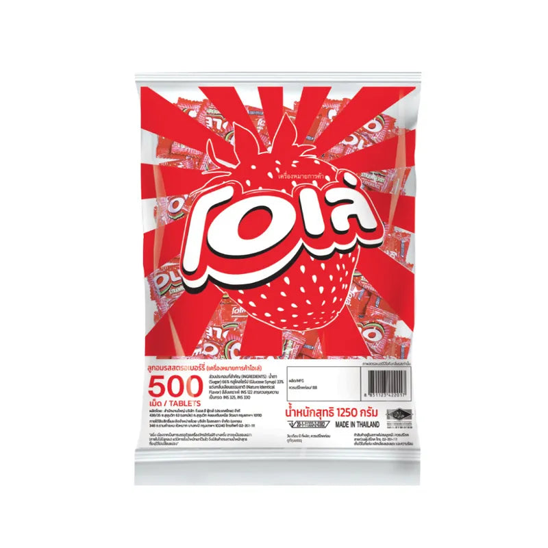 OLE Strawberry 500 Tabs snack confectionery, colorful strawberry-flavored candies in a clear container.