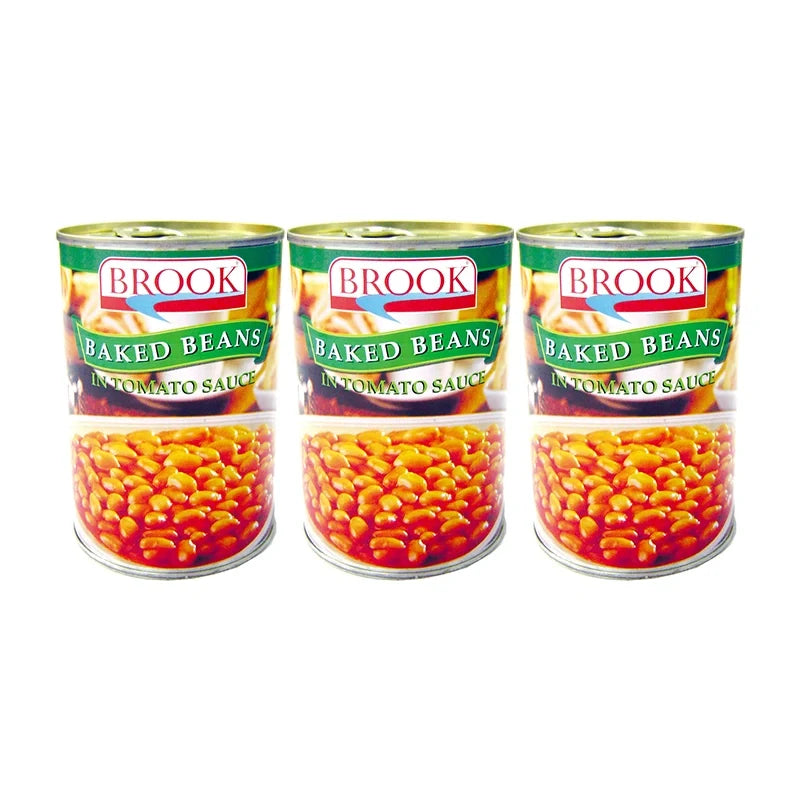 Brook Bake Bean in Tomato Sauce 425g pack, featuring three cans of delicious baked beans in rich tomato sauce.
