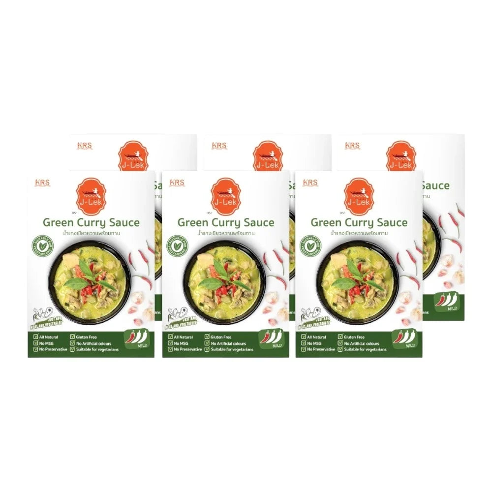 J-LEK Green Curry Paste packets, 250g, dry grocery product with vibrant green color and Thai-style packaging.