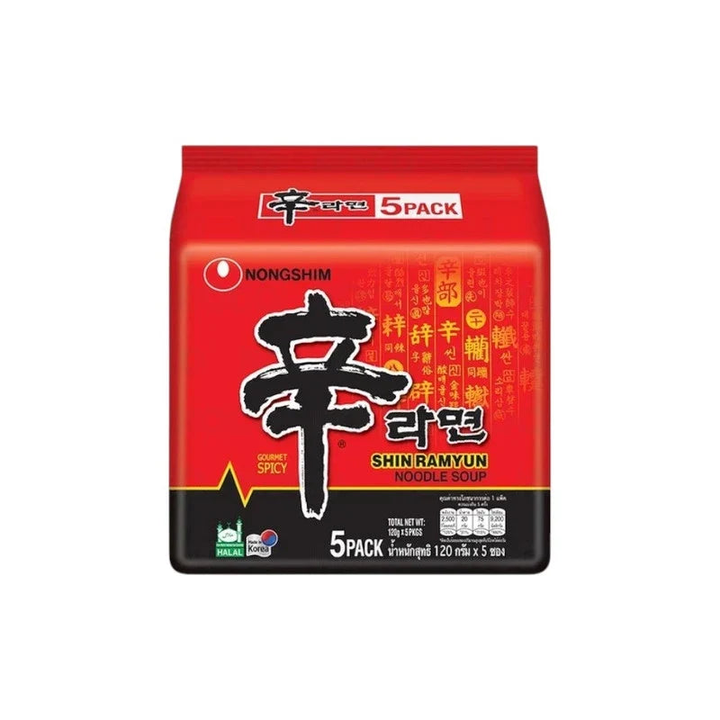 Nongshim Shin Ramyun instant noodle pack with dried noodles and seasoning, popular Korean dry grocery item.