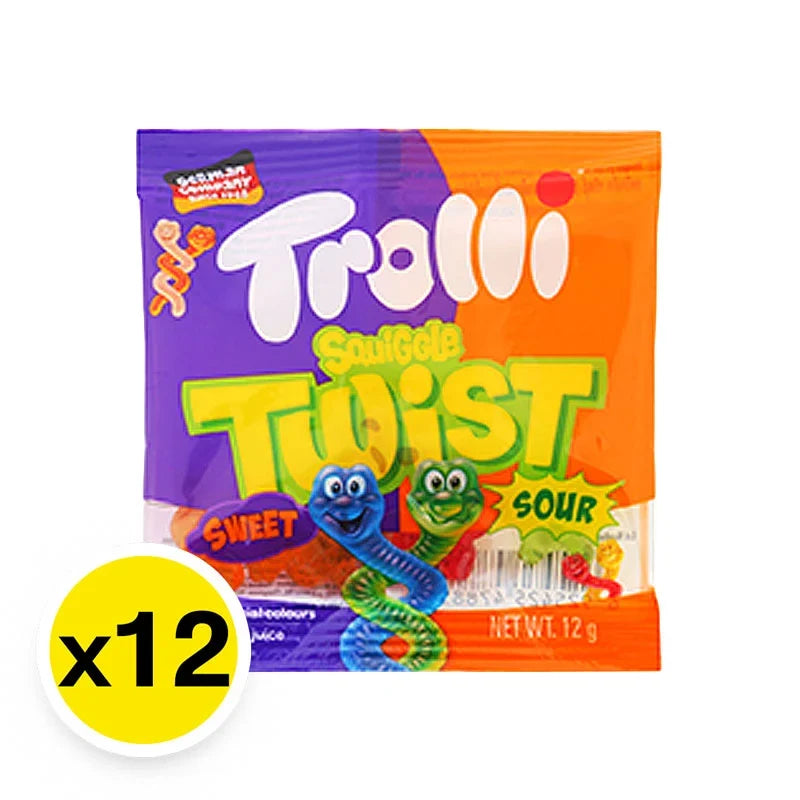 TROLLI Gummy Squiggles Twist snack pack, 12g x12, colorful chewy gummy candies in fun twisted shape for snacks or treats.
