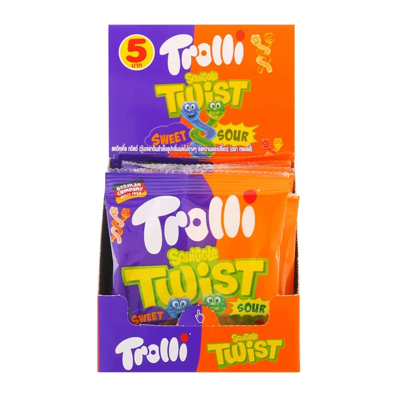 Trolli Gummy Squiggles Twist snack in 12g packs, colorful chewy confectionery from Trolli, displayed in a plastic bag.