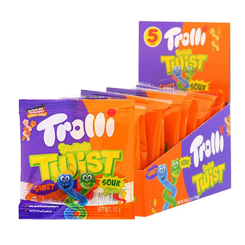 TROLLI Gummy Squiggles Twist snack in 12g packs, colorful gummy candy with twisted shape, perfect for confectionery lovers.