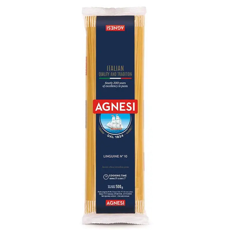 Dry Agnesi Linguine No.10 pasta in a 500g package, showcasing long, thin Italian pasta strands suitable for various dishes.