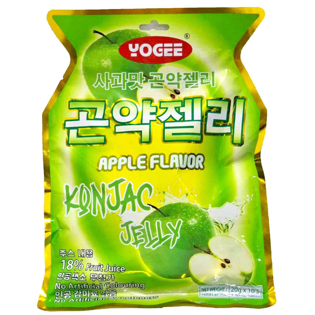 Yogee Apple Flavour Konjac Jelly, a colorful confectionery snack with apple flavor and smooth jelly texture.
